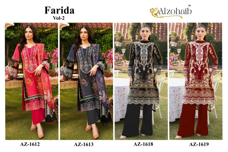 Farida Vol 2 By Alzohaib Chiffon Dupatta Cotton Salwar Kameez 